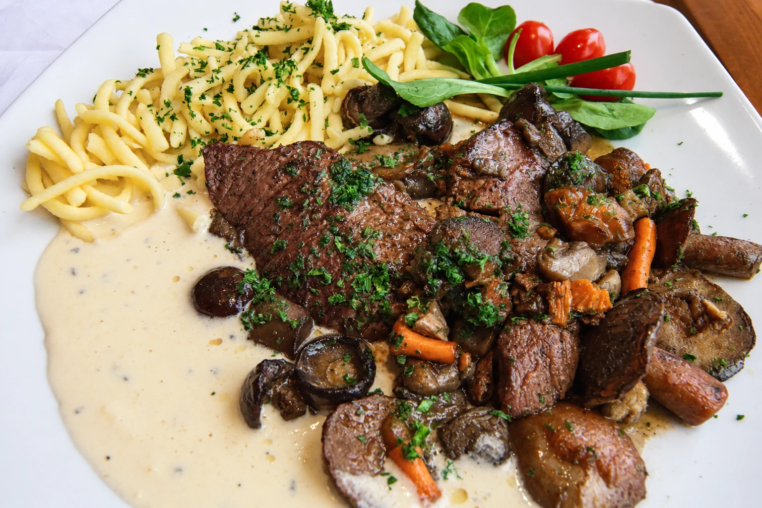Hirschkalbsteak mit Beilagen aus der Hotelküche